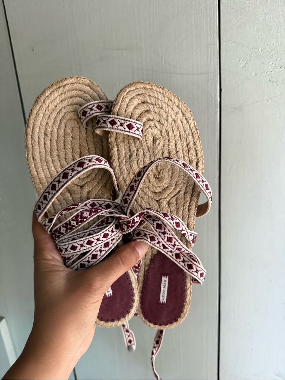 Woven Rope Lace-Up Leon Max Sandals in Natural and Burgundy